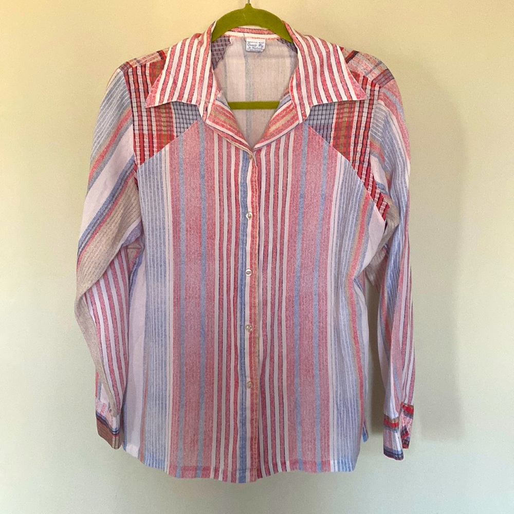 Vintage Queen Way. Super thin Medium Button Down. Red/White/Blue Striped.